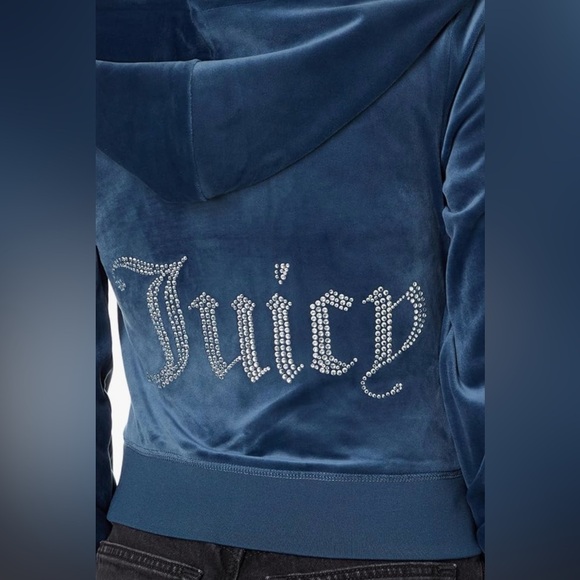 JUICY COUTURE Womens Classic Rhinestone Juicy Velour Hoodie Midnight Sea Sz Sm - Picture 3 of 8